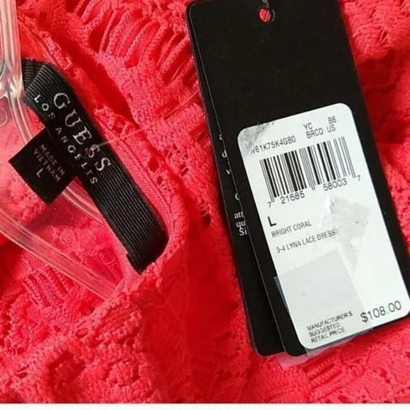 Guess Lace Dress Fitted Keyhole Back Orange Coral - Picture 4 of 7
